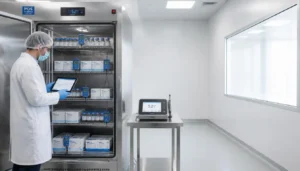 Pharmaceutical technician analyzing digital mapping logs during a vaccine cold storage IQ OQ qualification inside a bright, sterile biotech cleanroom facility.