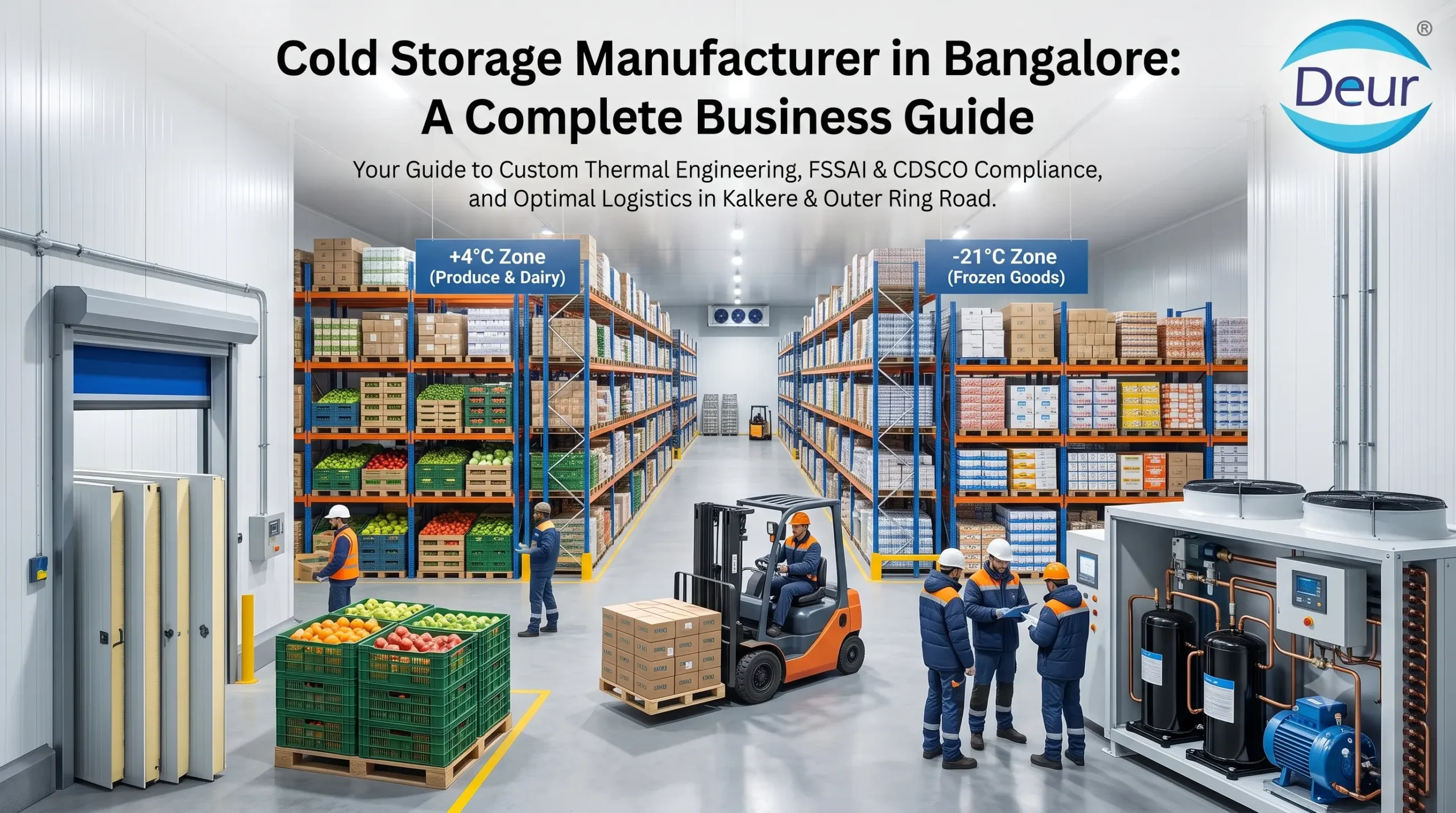 A modern cold storage facility in Bangalore with racks of fresh produce.